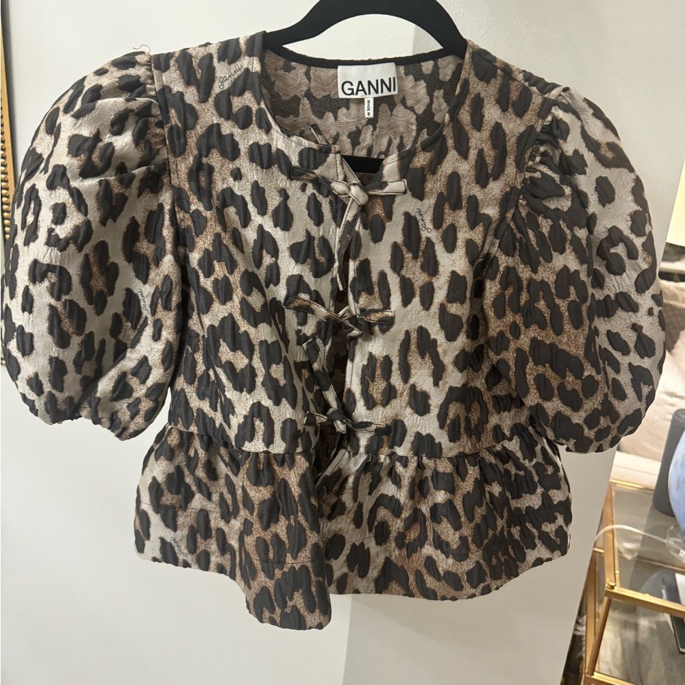 Ganni Animal Print tie Front Puff Sleeve Blouse